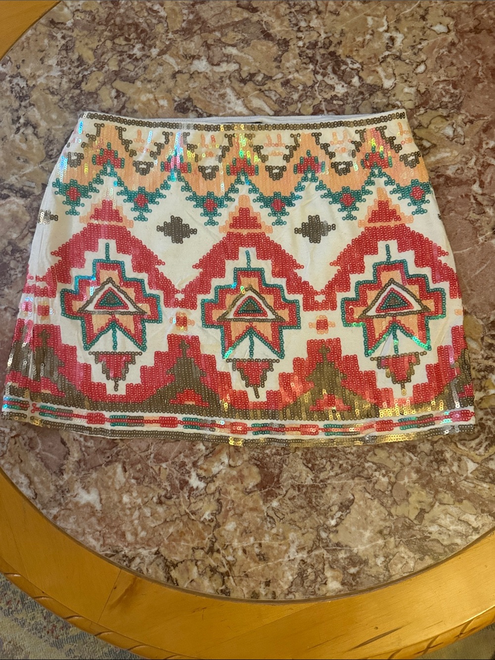 By Together White Sequin Mini Skirt with Red & Teal Geo Motif
